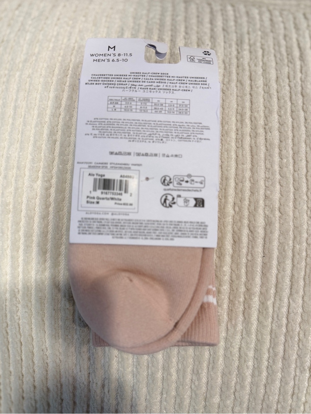 ALO Yoga Half Crew Throwback Socks Pink Quartz/White Unisex-Size Med-NWT - Picture 5 of 6